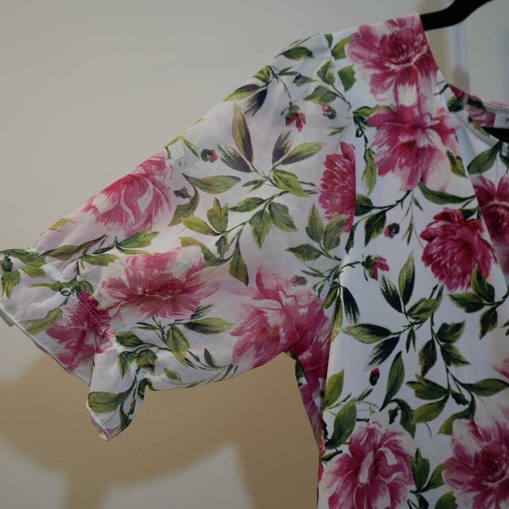 Perseption Concept Women Floral Twist Front Blouse Medium Pink Green Cottagecore - Picture 3 of 7